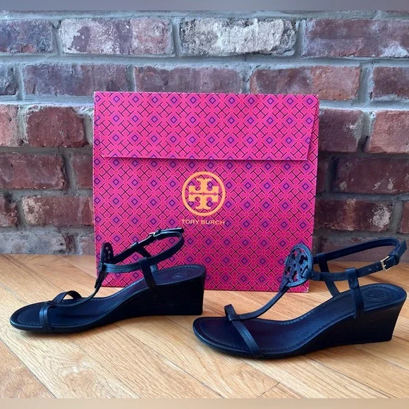 Tory Burch Navy Tumbled Leather Mini Miller 60MM Wedge Sandals - Picture 7 of 14